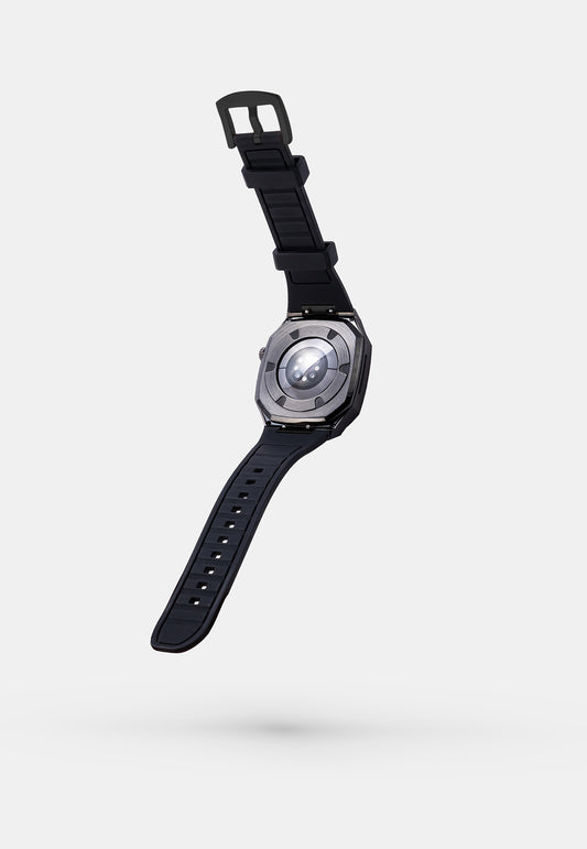 JetBlack Sport - Accessoire Apple Watch - Coque Acier Noir et bracelet Noir Appel Watch 44mm ouverte arriere