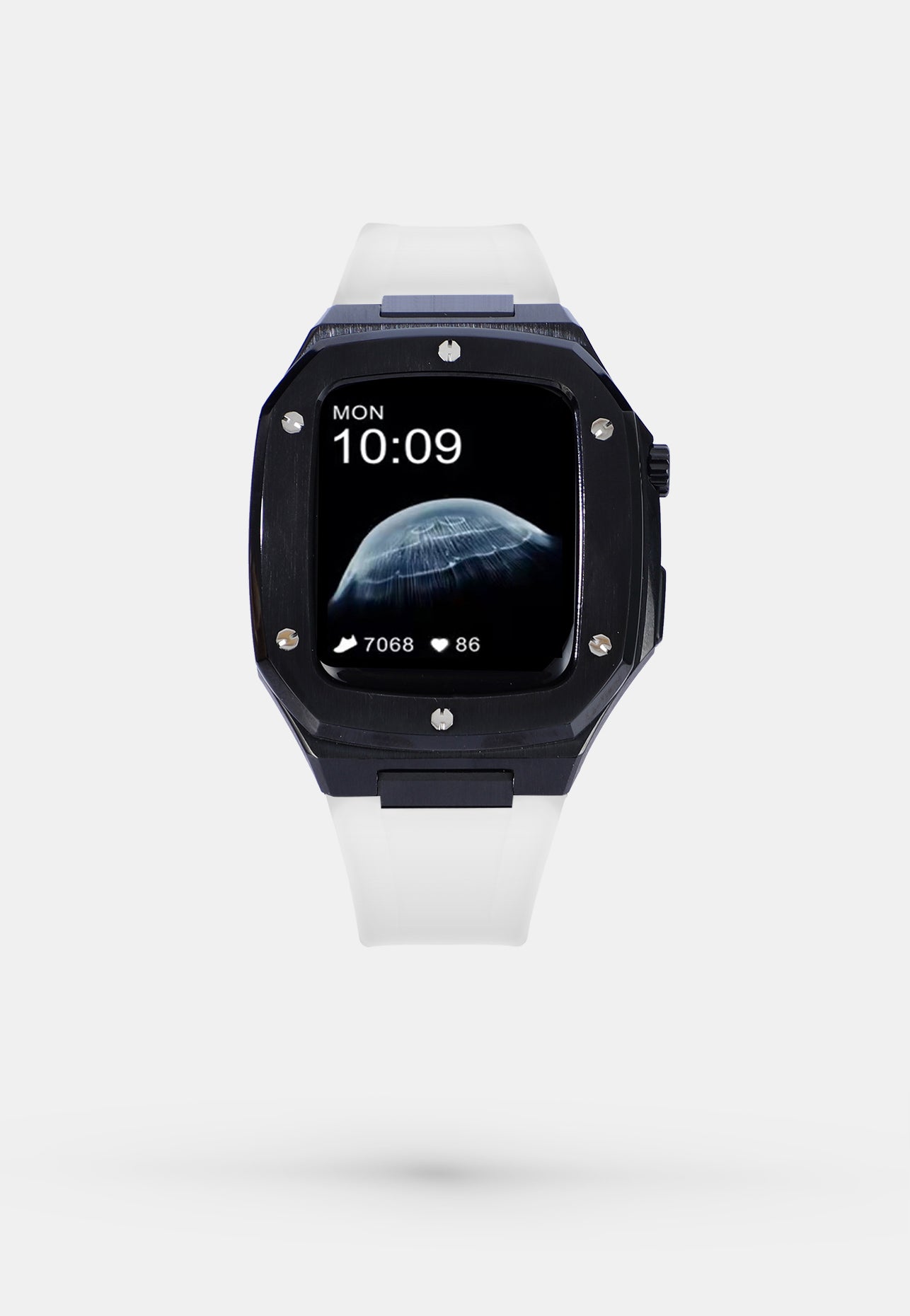 JetBlack Sport - Accessoire Apple Watch - Coque Etui Acier Noir et bracelet Blanc Appel Watch 44mm 