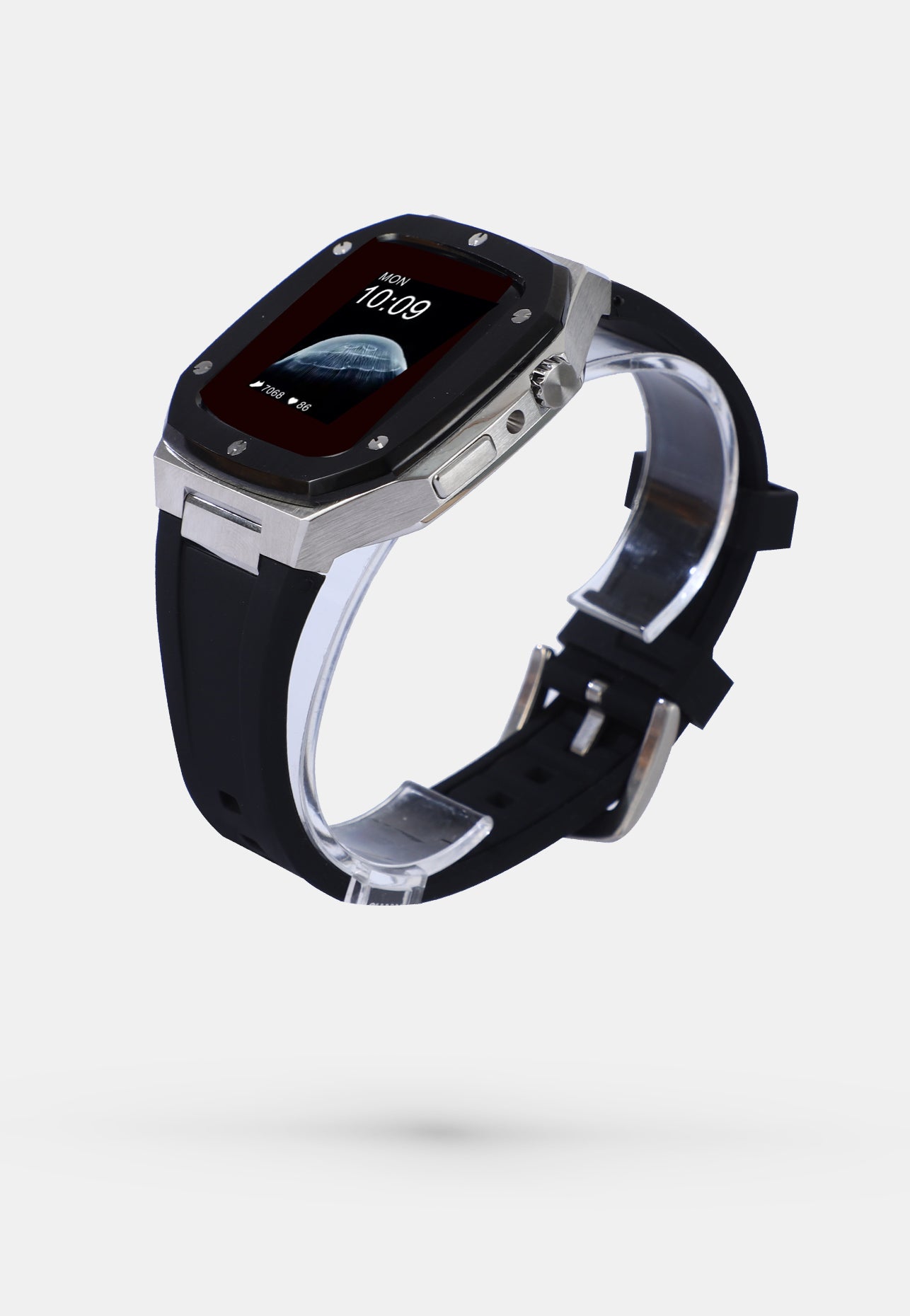 Offshore Black - Accessoire Apple Watch - Coque Etui Boitier Noir avec lunette de la Montre en Argent Bracelet Noir Appel Watch  4, 5, 6 et SE 44mm cote