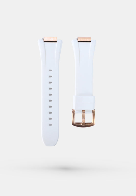 Accessoire Apple Watch - Bracelet Silicone Blanc Cervino boucle Or Rose pour Apple Watch séries 4, 5, 6 et SE de 44mm 